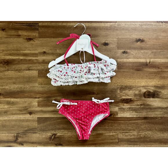 NWT SweeyHoney Milly Frilly Two Piece Swimsuit Red Cream Cherries Dot 18M/2T - Picture 2 of 10